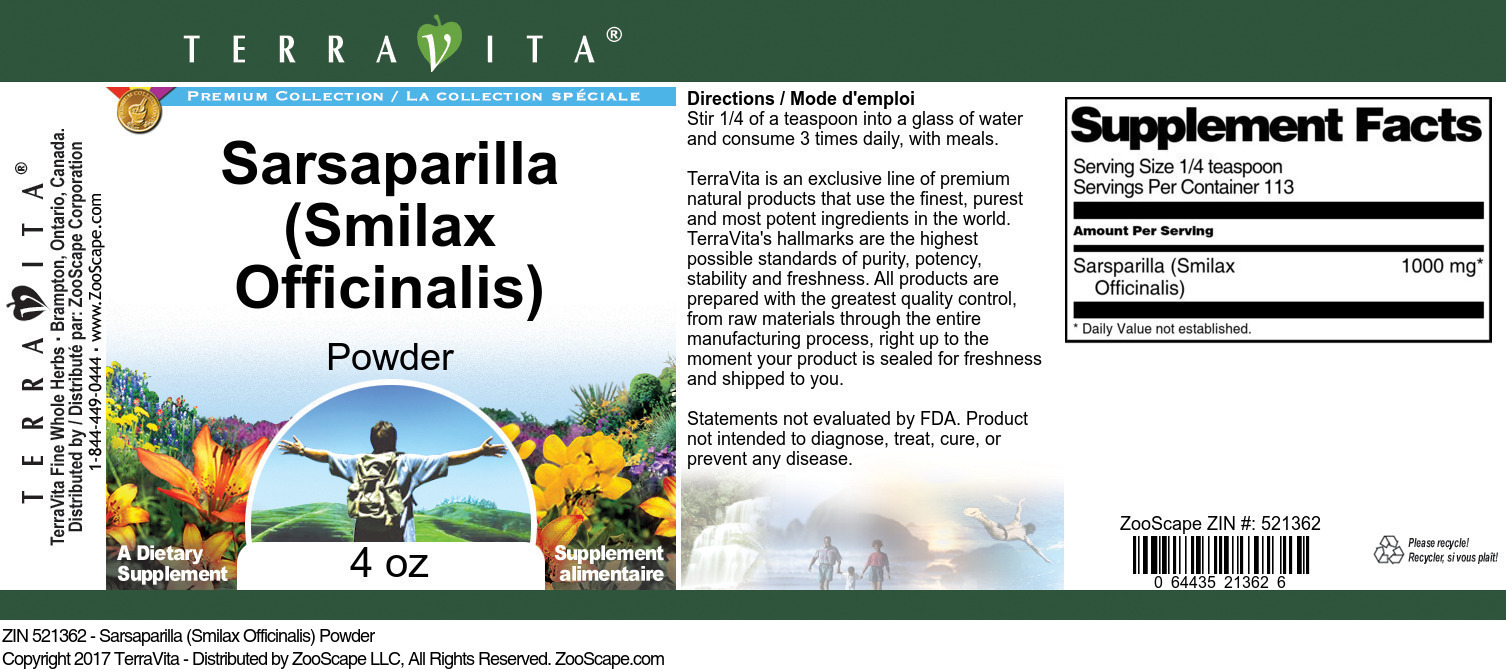 Sarsaparilla (Smilax Officinalis) Powder - Label