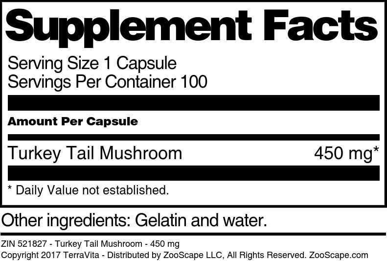 Turkey Tail Mushroom - 450 mg - Supplement / Nutrition Facts