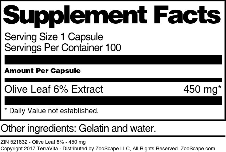 Olive Leaf 6% - 450 mg - Supplement / Nutrition Facts