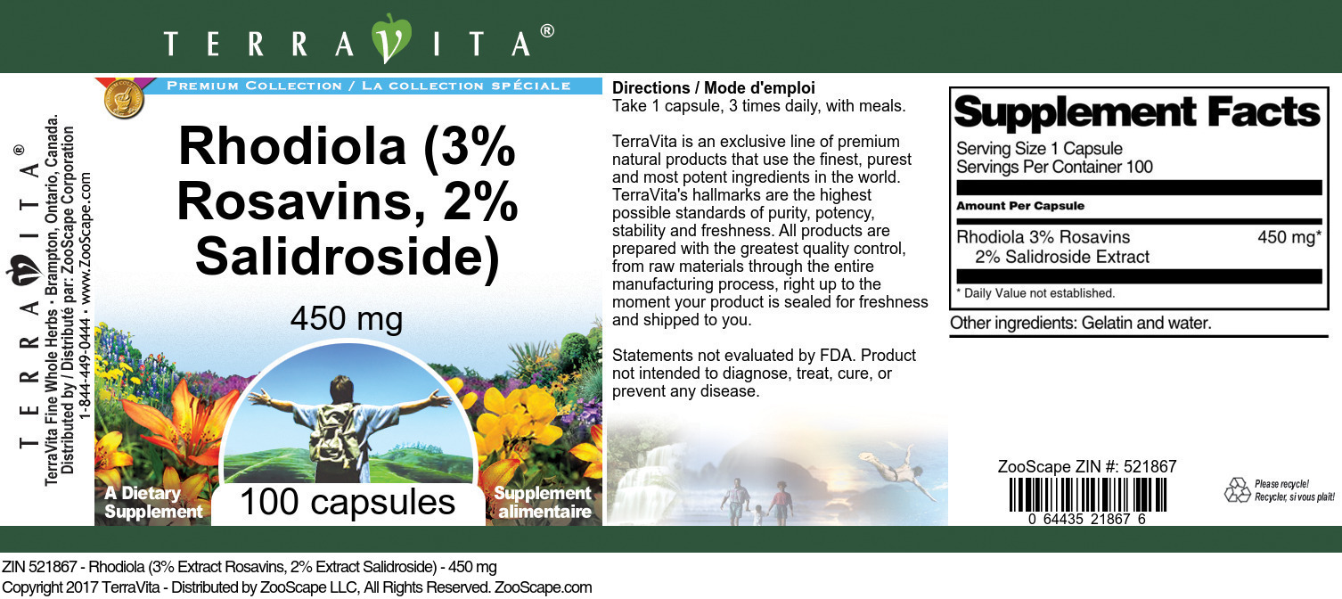 Rhodiola (3% Rosavins, 2% Salidroside) - 450 mg - Label