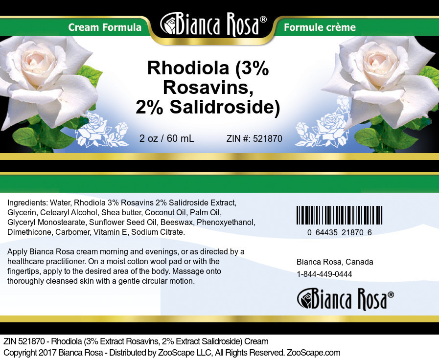 Rhodiola (3% Rosavins, 2% Salidroside) Cream - Label