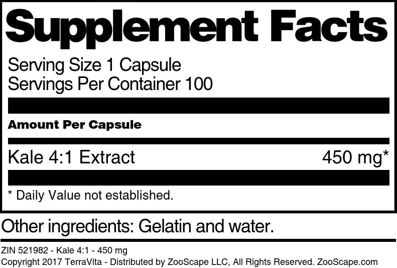 Kale 4:1 - 450 mg - Supplement / Nutrition Facts