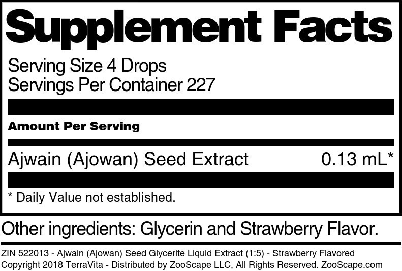 Ajwain (Ajowan) Seed Glycerite Liquid Extract (1:5) - Supplement / Nutrition Facts