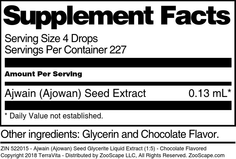Ajwain (Ajowan) Seed Glycerite Liquid Extract (1:5) - Supplement / Nutrition Facts