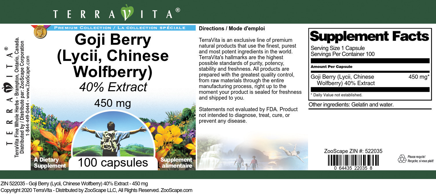 Goji Berry (Lycii, Chinese Wolfberry) 40% Extract - 450 mg - Label