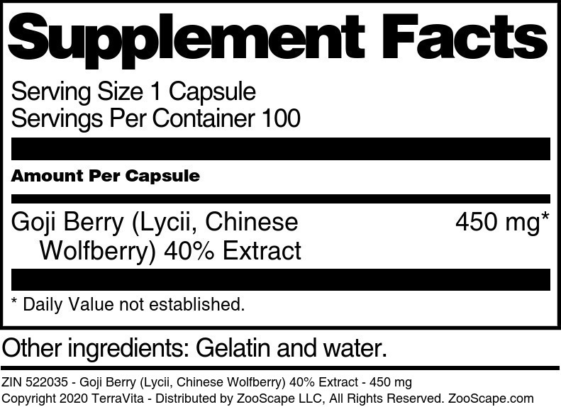 Goji Berry (Lycii, Chinese Wolfberry) 40% Extract - 450 mg - Supplement / Nutrition Facts
