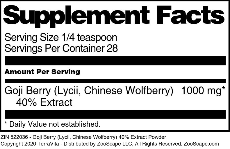 Goji Berry (Lycii, Chinese Wolfberry) 40% Extract Powder - Supplement / Nutrition Facts