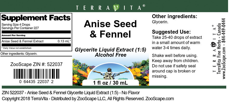 Anise Seed & Fennel Glycerite Liquid Extract (1:5) - Label