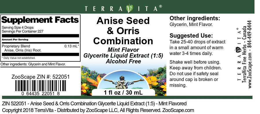 Anise Seed & Orris Combination Glycerite Liquid Extract (1:5) - Label
