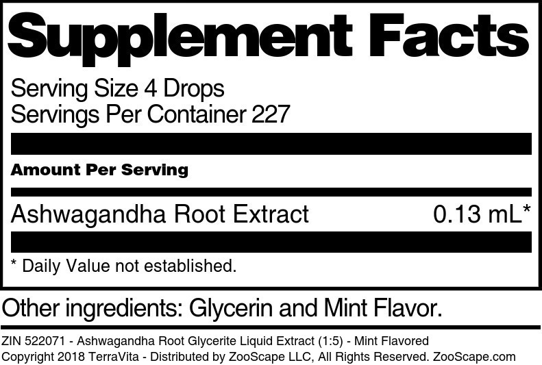Ashwagandha Root Glycerite Liquid Extract (1:5) - Supplement / Nutrition Facts