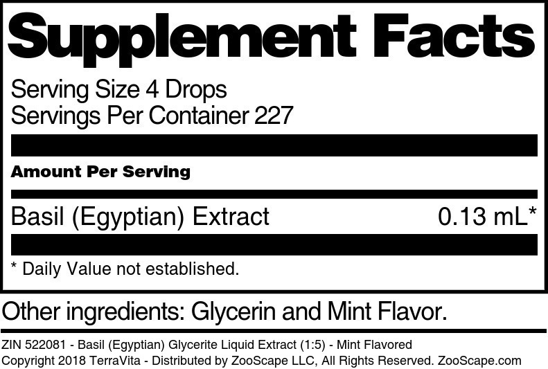 Basil (Egyptian) Glycerite Liquid Extract (1:5) - Supplement / Nutrition Facts