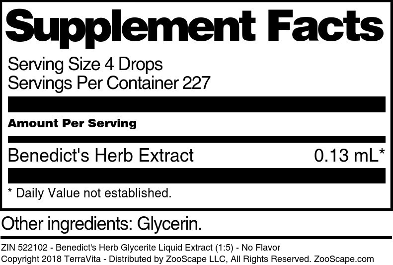 Benedict's Herb Glycerite Liquid Extract (1:5) - Supplement / Nutrition Facts