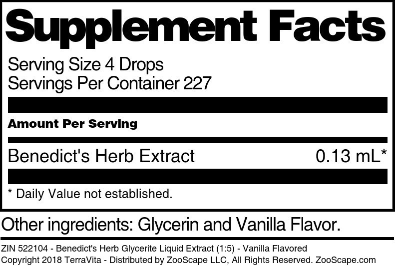 Benedict's Herb Glycerite Liquid Extract (1:5) - Supplement / Nutrition Facts
