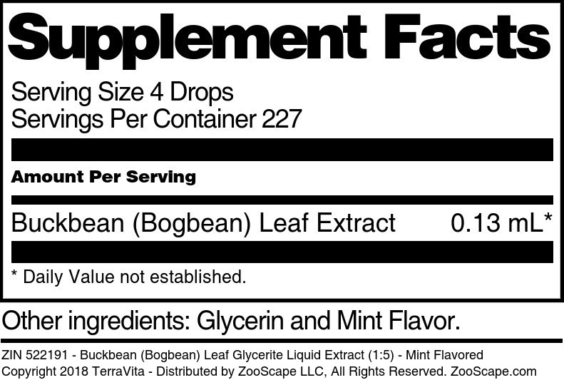 Buckbean (Bogbean) Leaf Glycerite Liquid Extract (1:5) - Supplement / Nutrition Facts