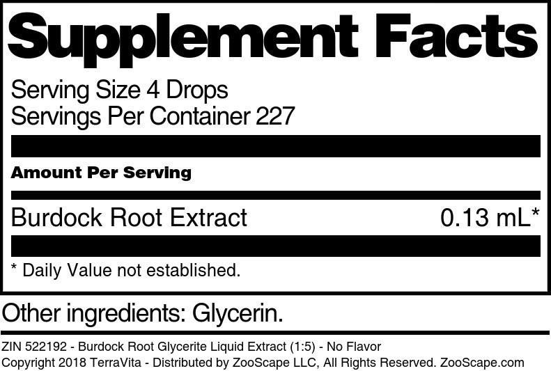 Burdock Root Glycerite Liquid Extract (1:5) - Supplement / Nutrition Facts