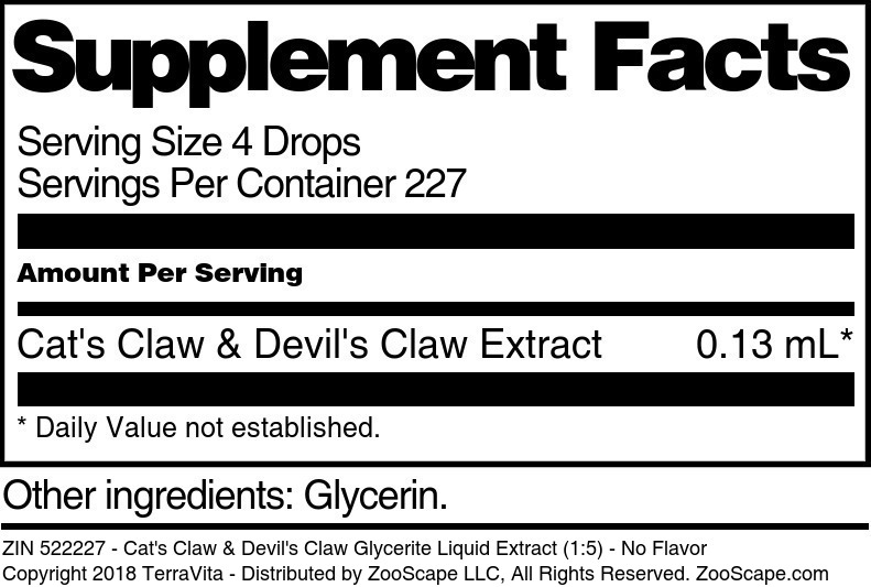 Cat's Claw & Devil's Claw Glycerite Liquid Extract (1:5) - Supplement / Nutrition Facts