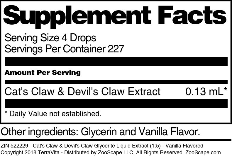 Cat's Claw & Devil's Claw Glycerite Liquid Extract (1:5) - Supplement / Nutrition Facts