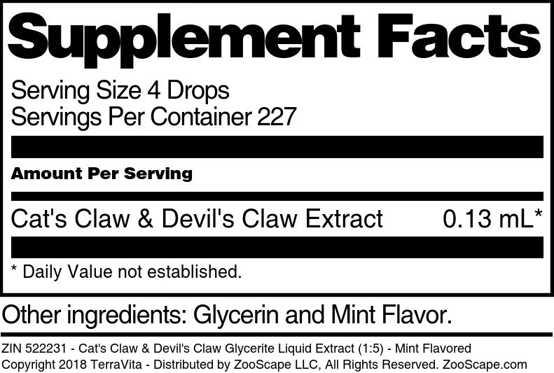 Cat's Claw & Devil's Claw Glycerite Liquid Extract (1:5) - Supplement / Nutrition Facts