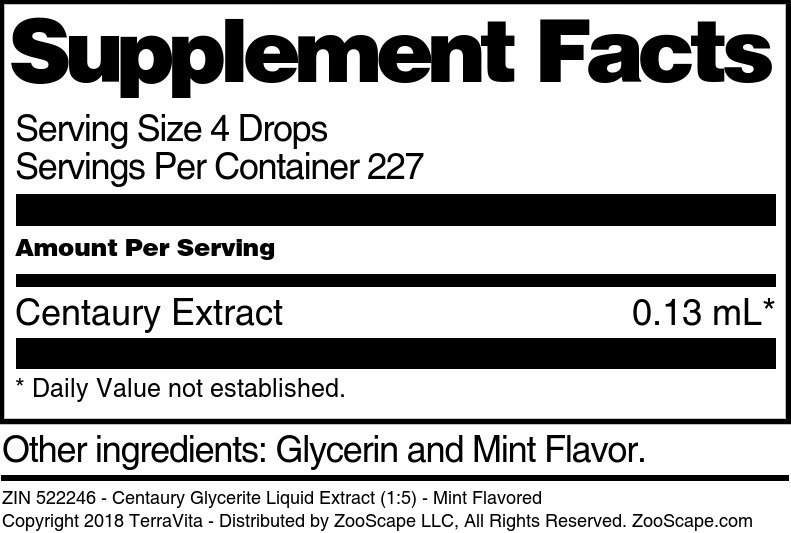 Centaury Glycerite Liquid Extract (1:5) - Supplement / Nutrition Facts