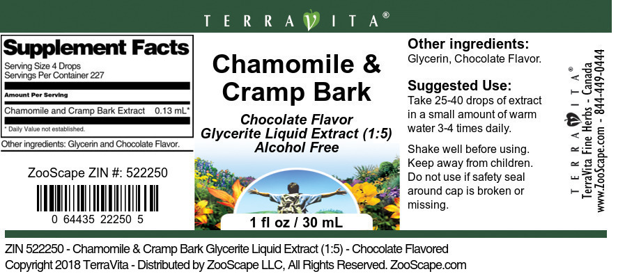 Chamomile & Cramp Bark Glycerite Liquid Extract (1:5) - Label