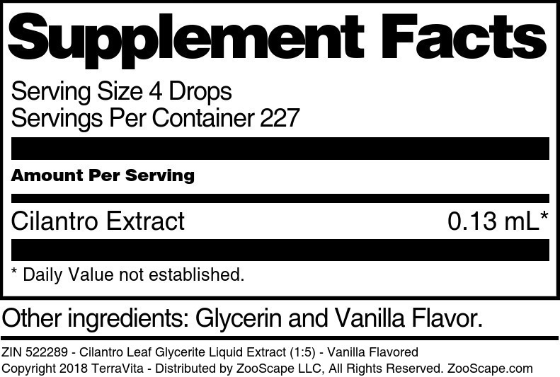 Cilantro Leaf Glycerite Liquid Extract (1:5) - Supplement / Nutrition Facts