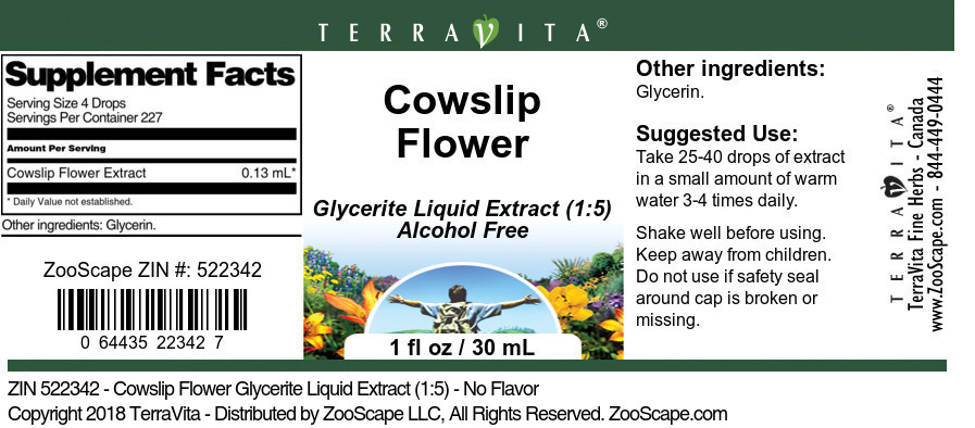 Cowslip Flower Glycerite Liquid Extract (1:5) - Label