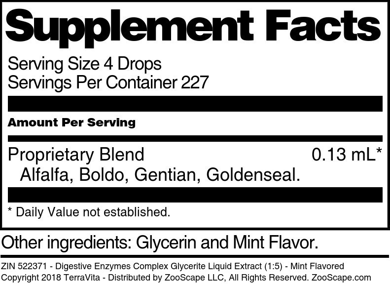 Digestive Enzymes Complex Glycerite Liquid Extract (1:5) - Supplement / Nutrition Facts