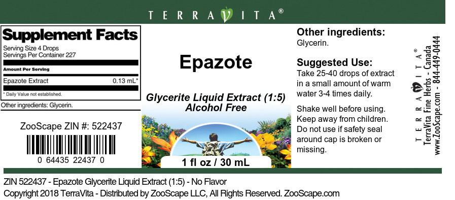 Epazote Glycerite Liquid Extract (1:5) - Label