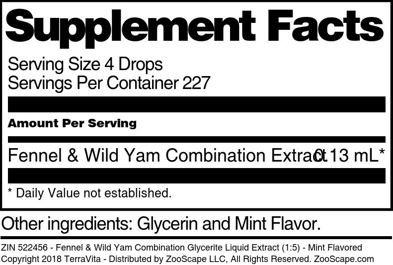 Fennel & Wild Yam Combination Glycerite Liquid Extract (1:5) - Supplement / Nutrition Facts
