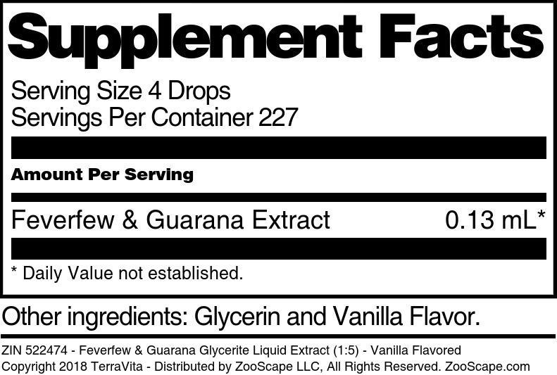 Feverfew & Guarana Glycerite Liquid Extract (1:5) - Supplement / Nutrition Facts