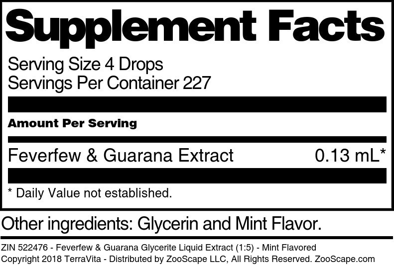 Feverfew & Guarana Glycerite Liquid Extract (1:5) - Supplement / Nutrition Facts