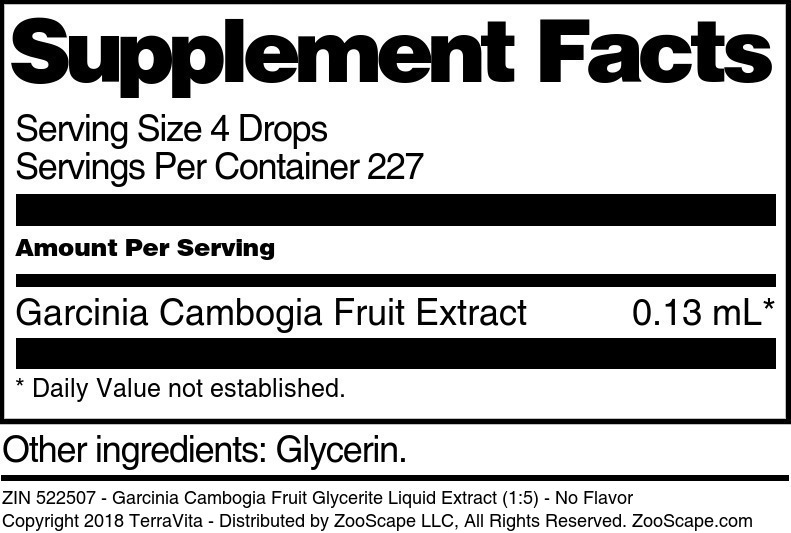 Garcinia Cambogia Fruit Glycerite Liquid Extract (1:5) - Supplement / Nutrition Facts