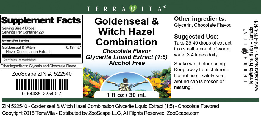 Goldenseal & Witch Hazel Combination Glycerite Liquid Extract (1:5) - Label