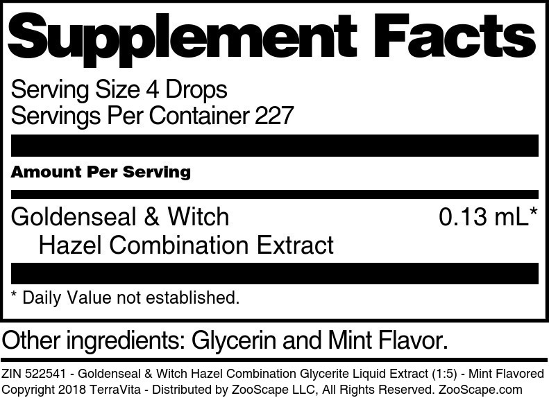 Goldenseal & Witch Hazel Combination Glycerite Liquid Extract (1:5) - Supplement / Nutrition Facts