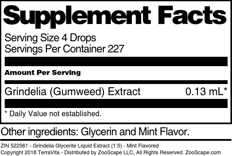 Grindelia Glycerite Liquid Extract (1:5) - Supplement / Nutrition Facts