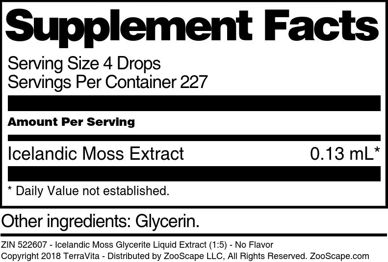 Icelandic Moss Glycerite Liquid Extract (1:5) - Supplement / Nutrition Facts