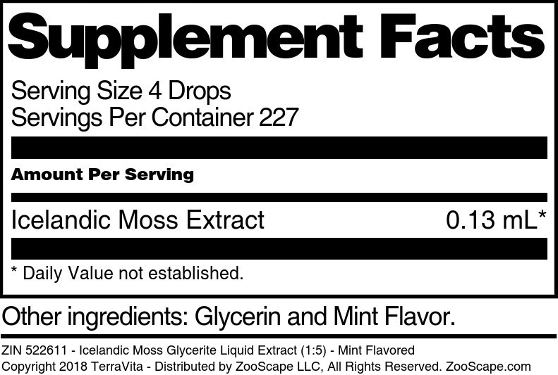 Icelandic Moss Glycerite Liquid Extract (1:5) - Supplement / Nutrition Facts