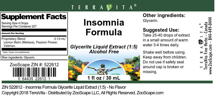 Insomnia Formula Glycerite Liquid Extract (1:5) - Label