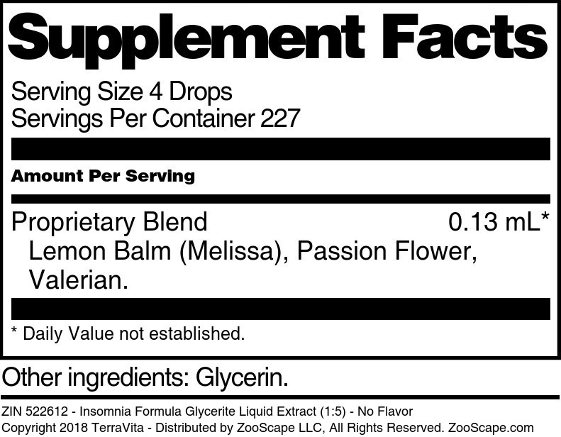 Insomnia Formula Glycerite Liquid Extract (1:5) - Supplement / Nutrition Facts
