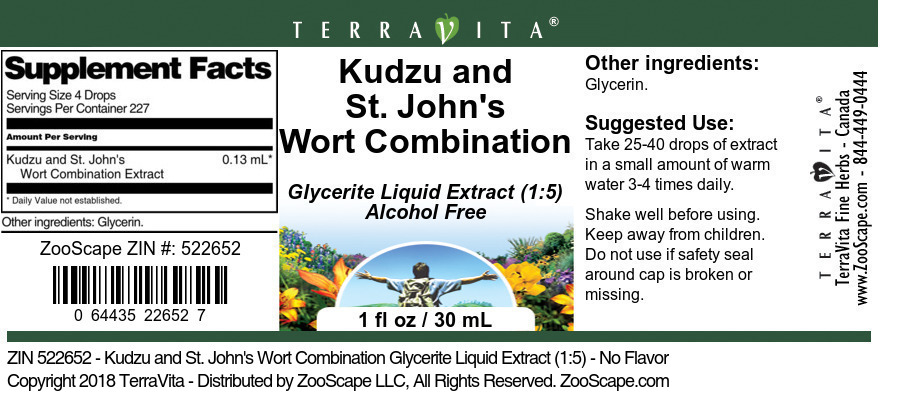 Kudzu and St. John's Wort Combination Glycerite Liquid Extract (1:5) - Label