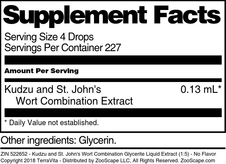 Kudzu and St. John's Wort Combination Glycerite Liquid Extract (1:5) - Supplement / Nutrition Facts