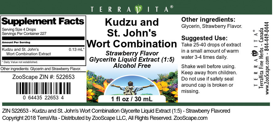 Kudzu and St. John's Wort Combination Glycerite Liquid Extract (1:5) - Label