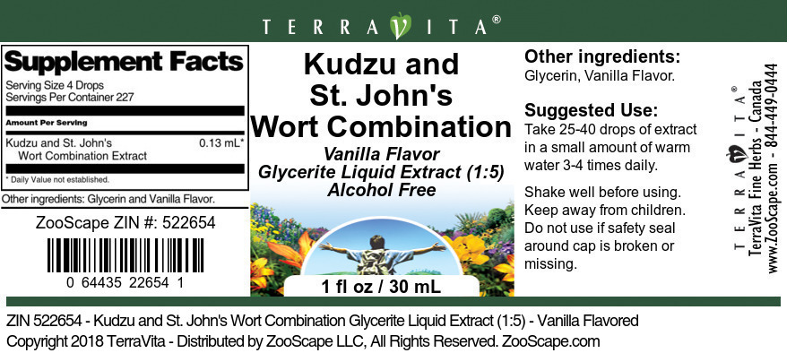 Kudzu and St. John's Wort Combination Glycerite Liquid Extract (1:5) - Label