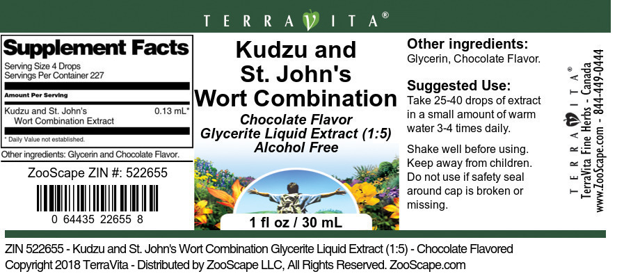 Kudzu and St. John's Wort Combination Glycerite Liquid Extract (1:5) - Label