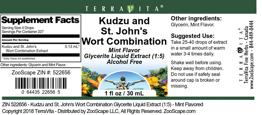 Kudzu and St. John's Wort Combination Glycerite Liquid Extract (1:5) - Label