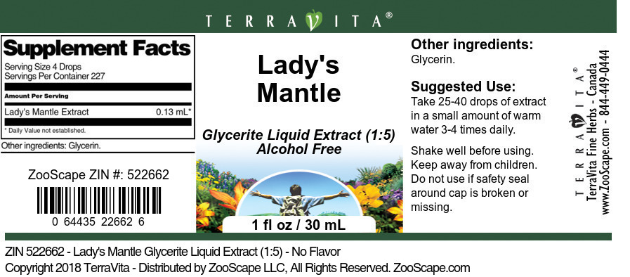 Lady's Mantle Glycerite Liquid Extract (1:5) - Label