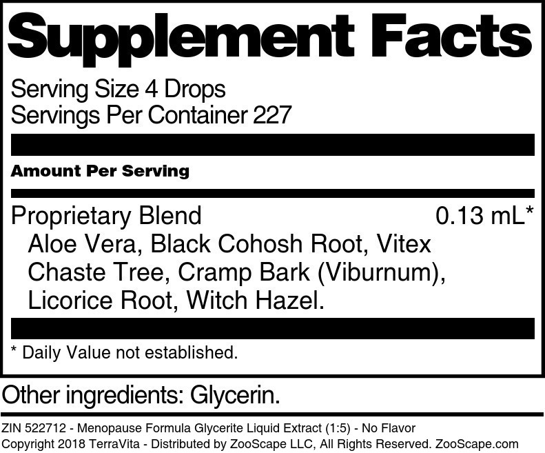 Menopause Formula Glycerite Liquid Extract (1:5) - Supplement / Nutrition Facts