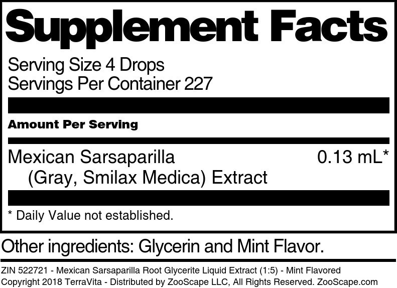 Mexican Sarsaparilla Root Glycerite Liquid Extract (1:5) - Supplement / Nutrition Facts