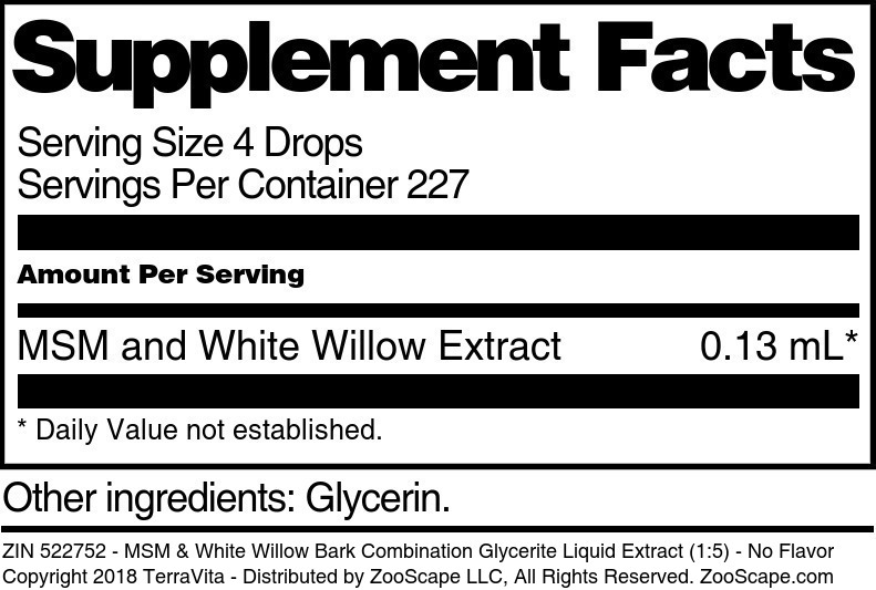 MSM & White Willow Bark Combination Glycerite Liquid Extract (1:5) - Supplement / Nutrition Facts