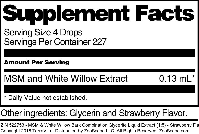 MSM & White Willow Bark Combination Glycerite Liquid Extract (1:5) - Supplement / Nutrition Facts